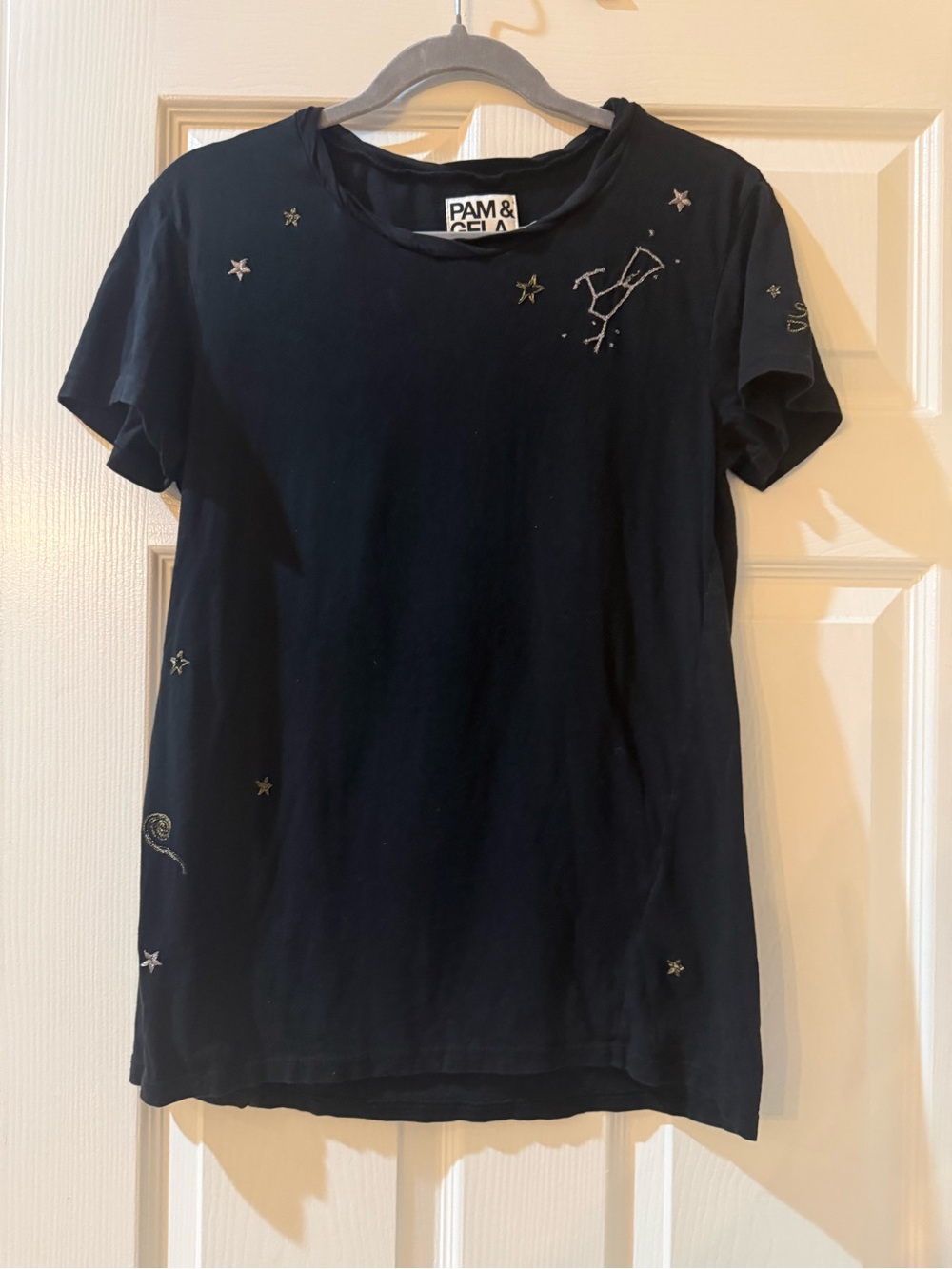 Pam & Gela 100% Cotton Black Short Sleeve T w/ Star & Constellation Embroidery